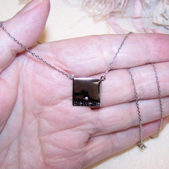 Sterling Silver Cubic Zirconia CZ Affirmation Pendant Necklace - BELIEVE - Picture 4 of 6